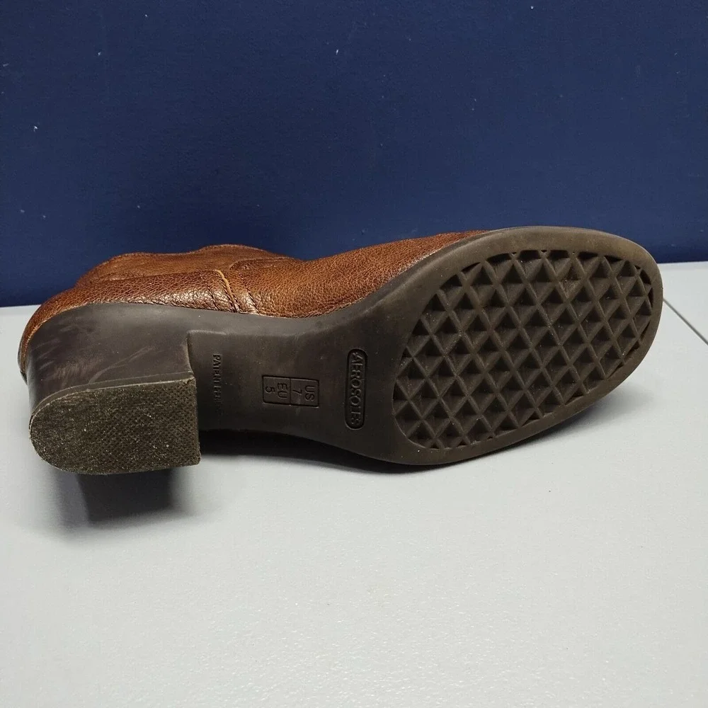 Acrobatic Ankle Boots Womens Sz‎ 7M Brown Leather Round Toe Block Heels Side Zip
